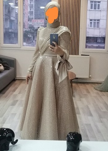 Bej Drapeli Uzun Kollu Abiye Elbise - Görsel 2