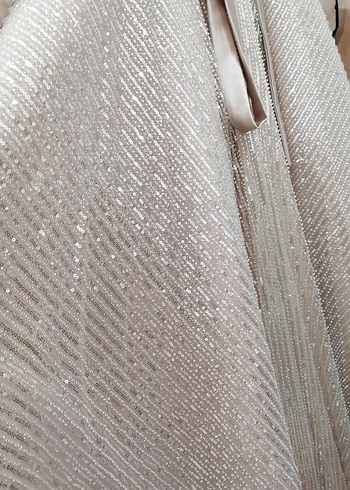 Bej Drapeli Uzun Kollu Abiye Elbise - Görsel 3