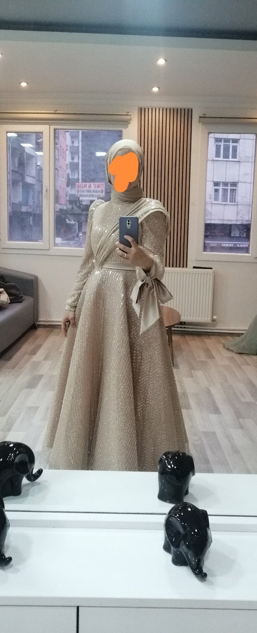 Bej Drapeli Uzun Kollu Abiye Elbise - Görsel 2