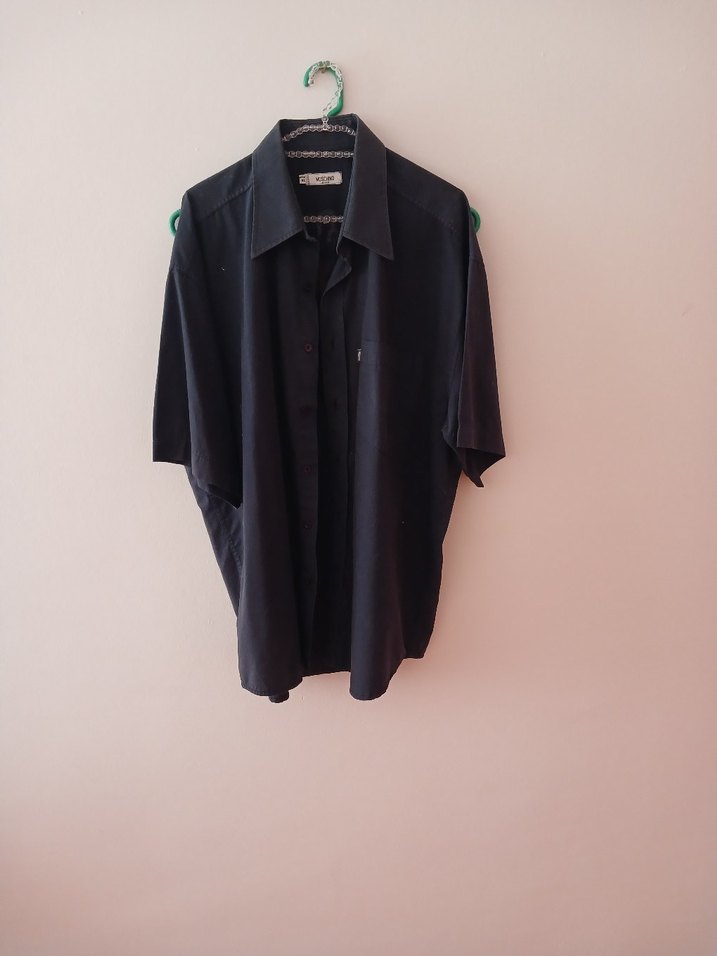 Siyah Keten Erkek Gömlek, Kısa Kollu, ORJİNAL - Görsel 3