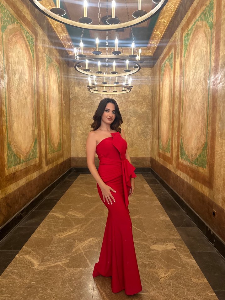 Parlak Kırmızı Drapeli Uzun Straplez Abiye - Görsel 2