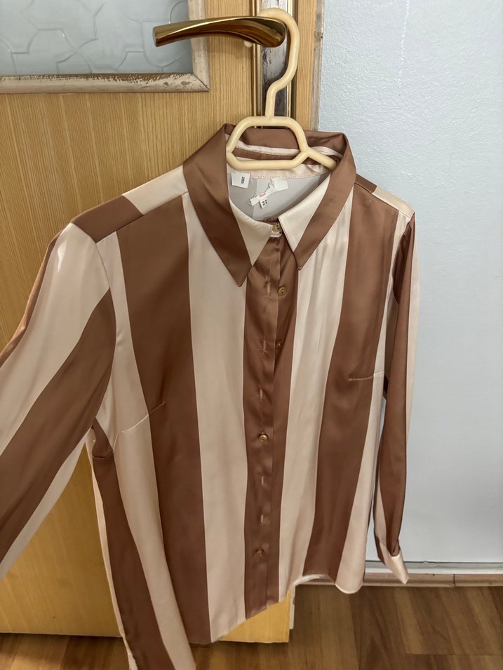 Bej Çizgili Uzun Kollu Kadın Gömlek - Görsel 2