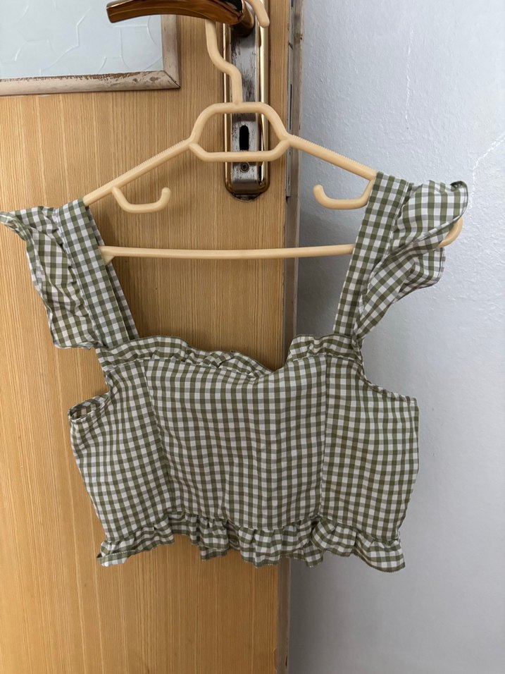 Düğmeli Kareli Mini Crop Top - Görsel 4