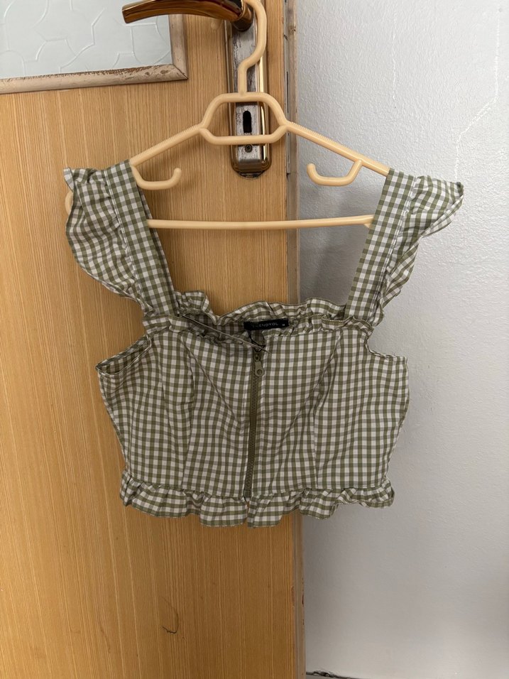 Düğmeli Kareli Mini Crop Top - Görsel 2