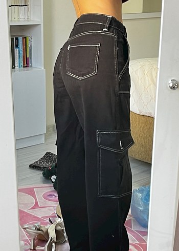 Kadın Siyah Bol Kesim Kemerli Kot Pantolon - Görsel 4