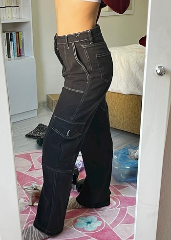 Kadın Siyah Bol Kesim Kemerli Kot Pantolon - Görsel 2