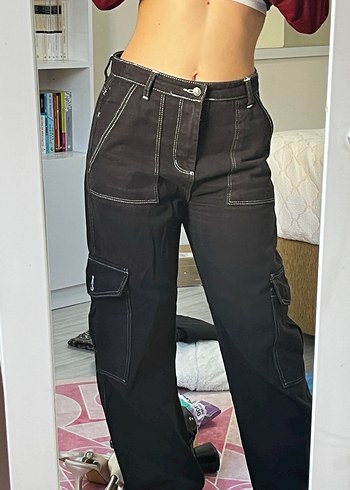 Kadın Siyah Bol Kesim Kemerli Kot Pantolon - Görsel 3