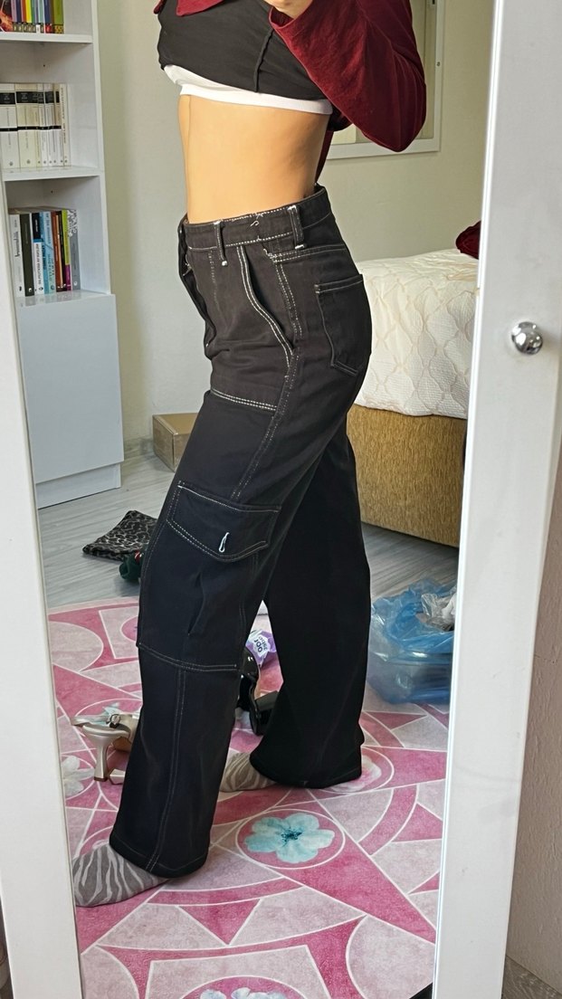 Kadın Siyah Bol Kesim Kemerli Kot Pantolon - Görsel 2