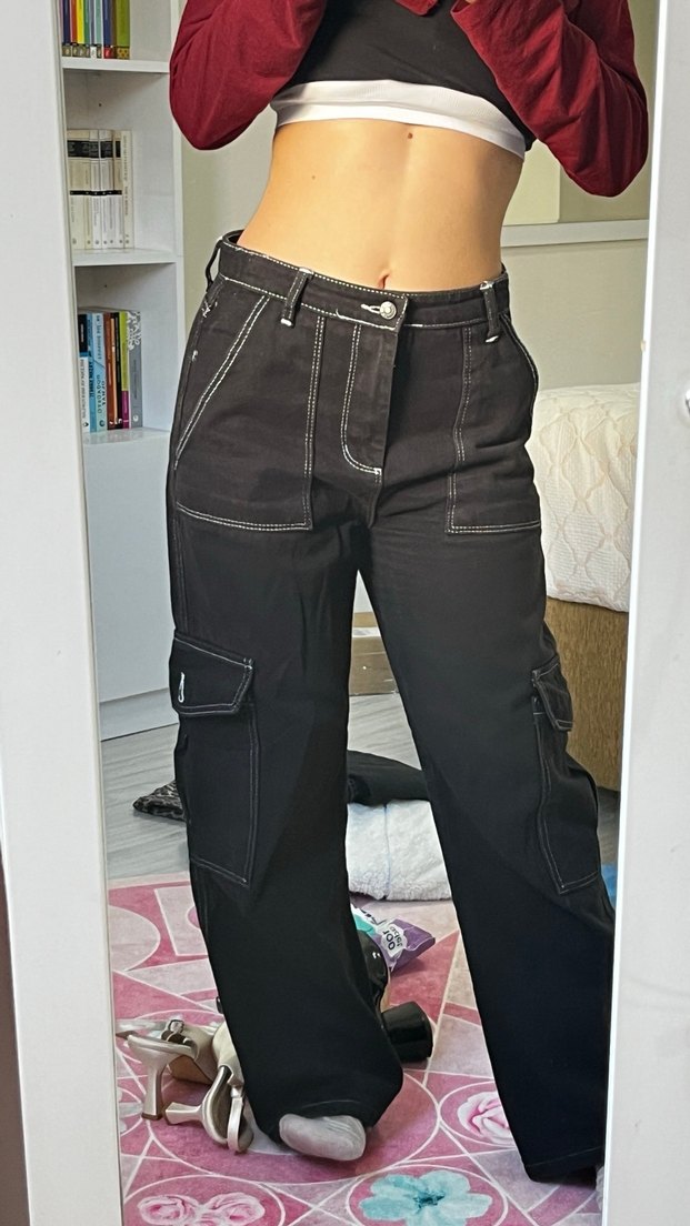 Kadın Siyah Bol Kesim Kemerli Kot Pantolon - Görsel 3