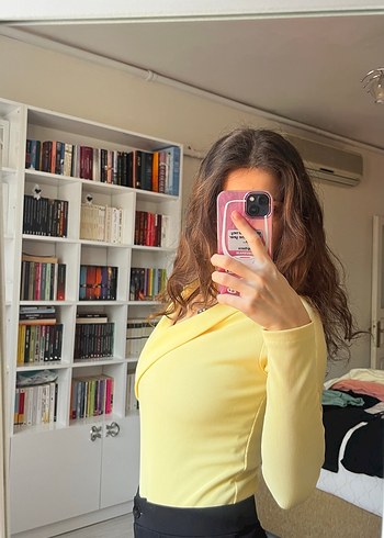 Sarı V Yakalı Triko Kadın Bluz - Görsel 4