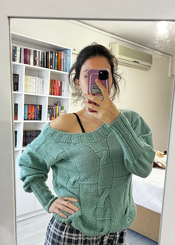 Turkuaz V Yaka Örgü Kadın Kazak - Görsel 3