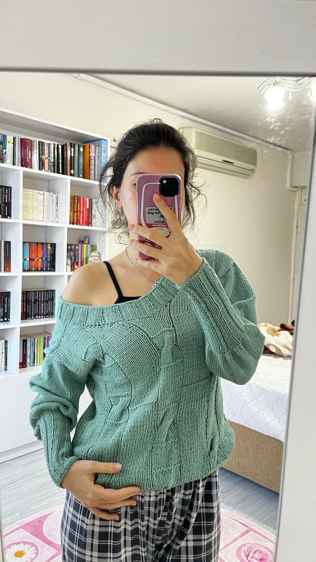 Turkuaz V Yaka Örgü Kadın Kazak - Görsel 2