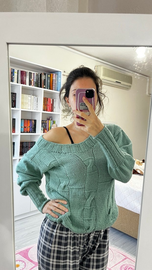 Turkuaz V Yaka Örgü Kadın Kazak - Görsel 3