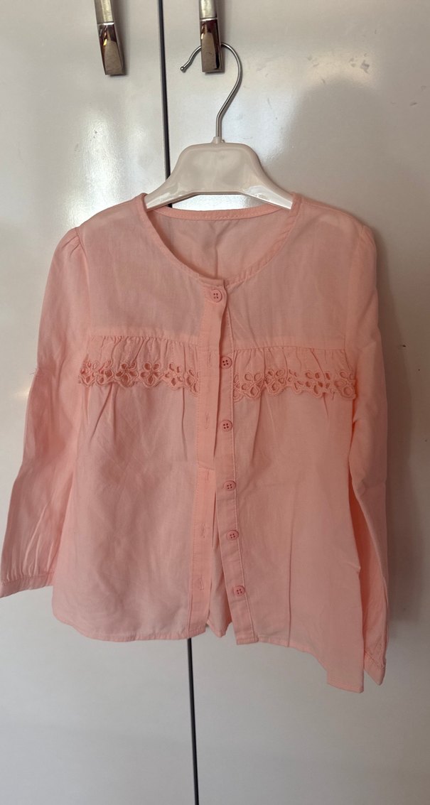 Düğmeli, Nakışlı Pembe Kadın Keten Bluz - Görsel 2