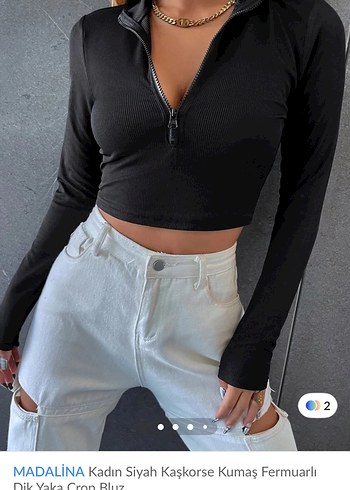 Siyah Fermuarlı V Yaka Crop Bluz