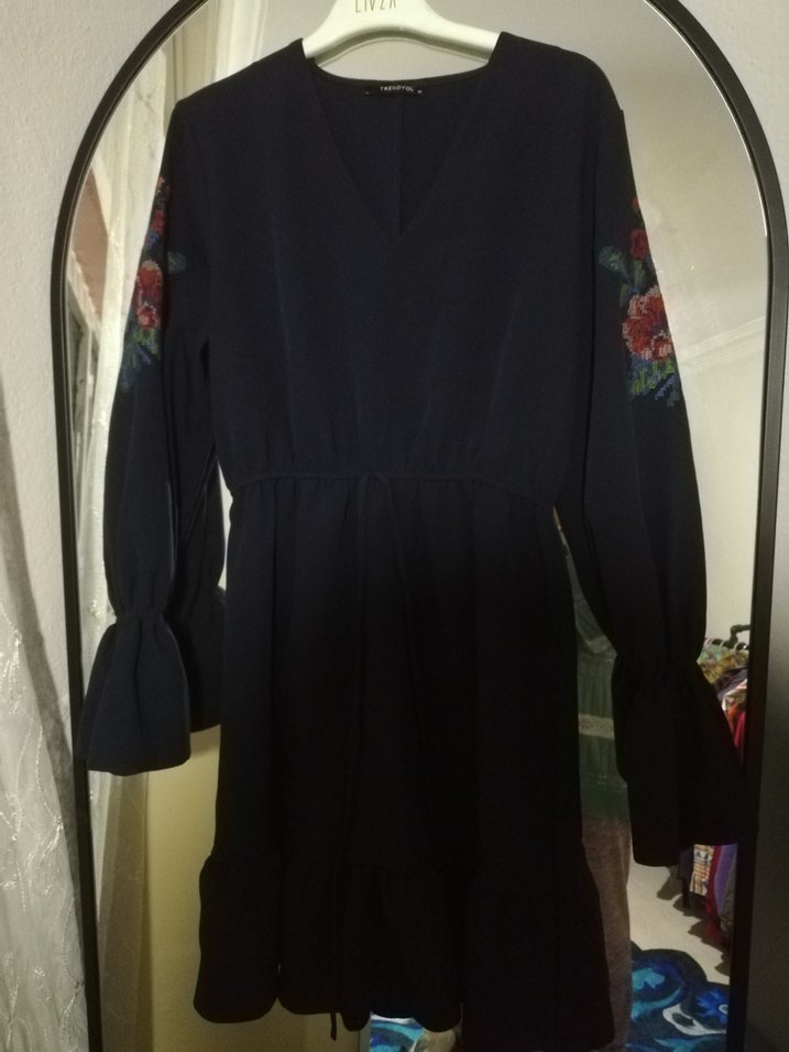 Nakışlı Siyah Bohem Uzun Kollu Elbise - Görsel 2