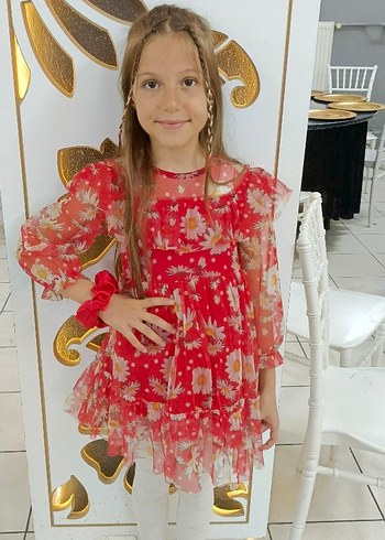Kız Çocuk Kırmızı Çiçekli Renkli Bohem Elbise