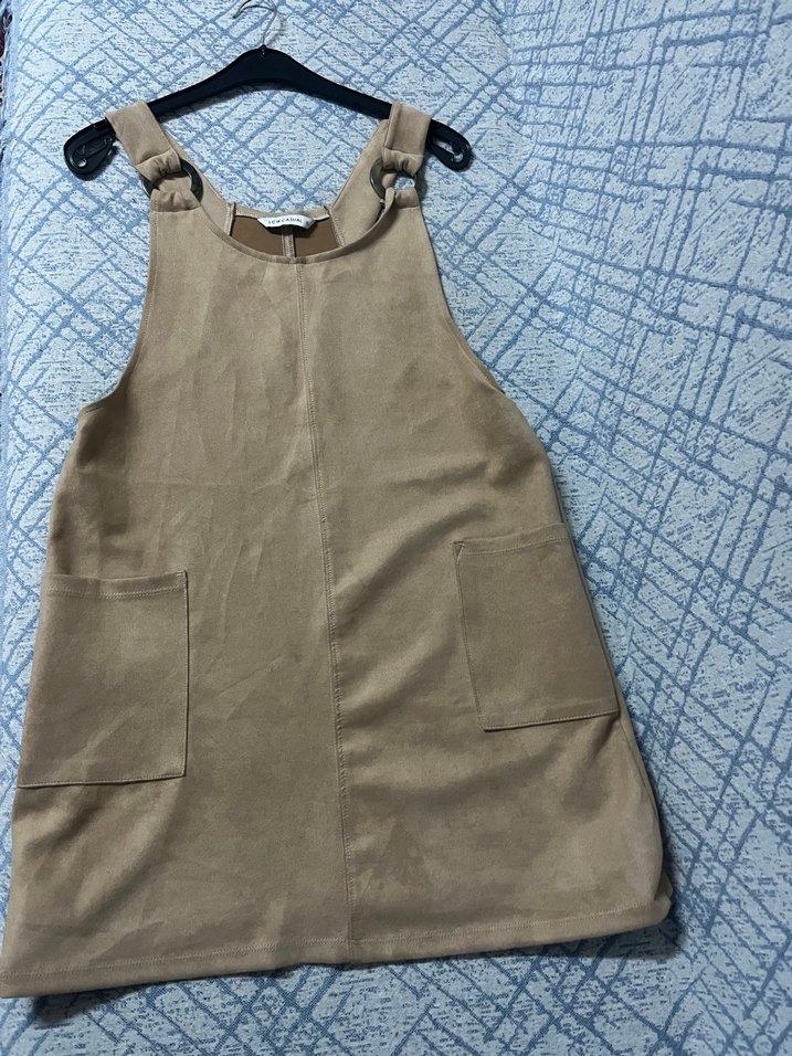 Bej Süet Kemerli Kadın Midi salopet - Görsel 2