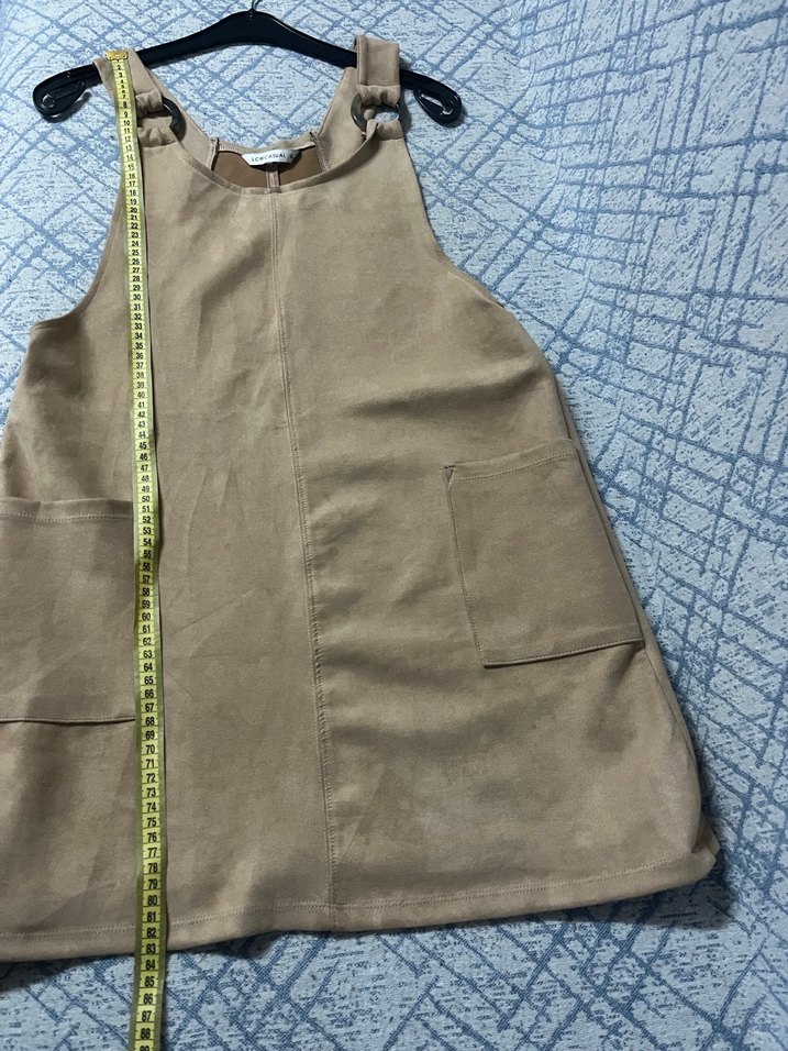 Bej Süet Kemerli Kadın Midi salopet - Görsel 4