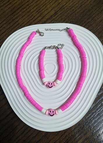 Pembe fimo boncuk kolye bileklik 