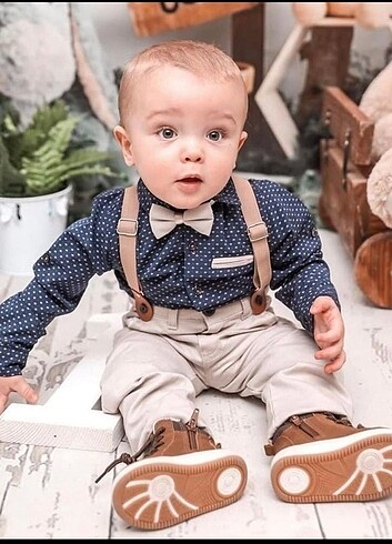 Erkek Bebek 4 Lü şık Set pantolon gömlek askı papyon