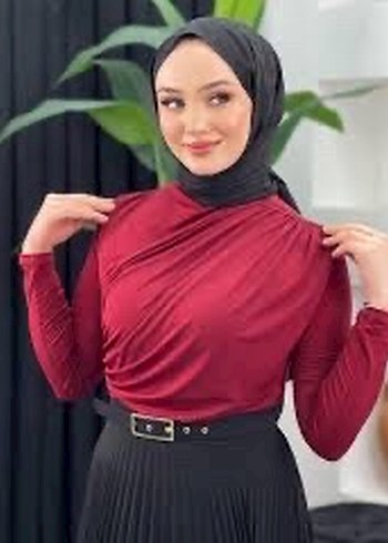 L beden Bordo Drapeli Yüksek Yakalı Kadın Bluz - Görsel 2