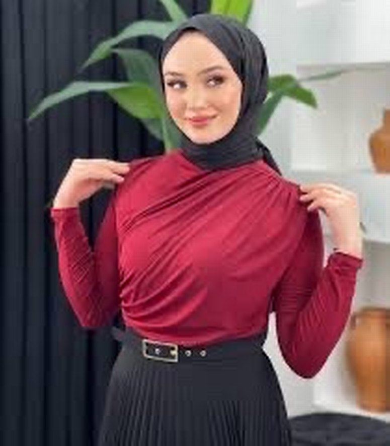 L beden Bordo Drapeli Yüksek Yakalı Kadın Bluz - Görsel 2