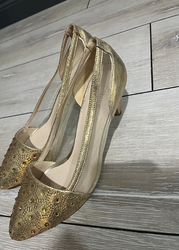 Gold taşlı stiletto 39 no Abiye Kına ayakkabısı - Görsel 2