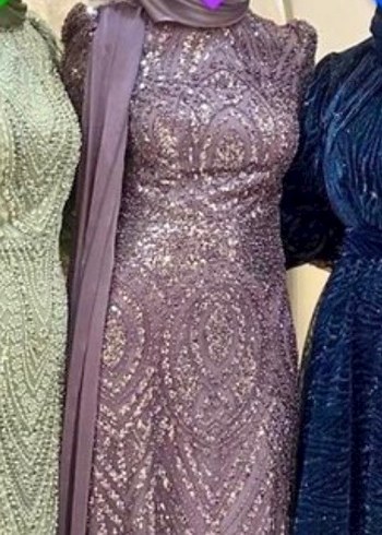 Uzun Kollu Mor İşlemeli Abiye Elbise nişanlık 38 beden - Görsel 3