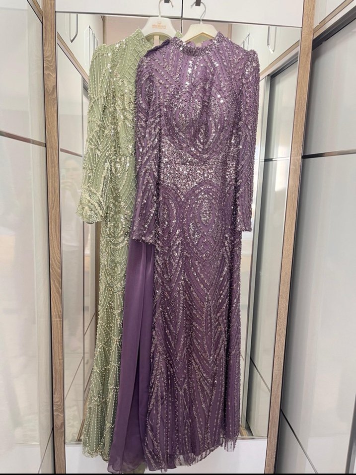 Uzun Kollu Mor İşlemeli Abiye Elbise nişanlık 38 beden - Görsel 2