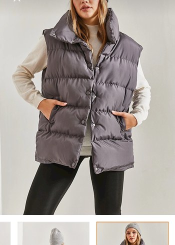 Düğmeli Gri Kadın Şişme Yelek - Görsel 5