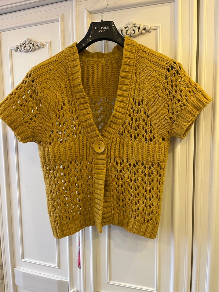 Sarı Örgü Kısa Kollu Bohem Hırka - Görsel 2