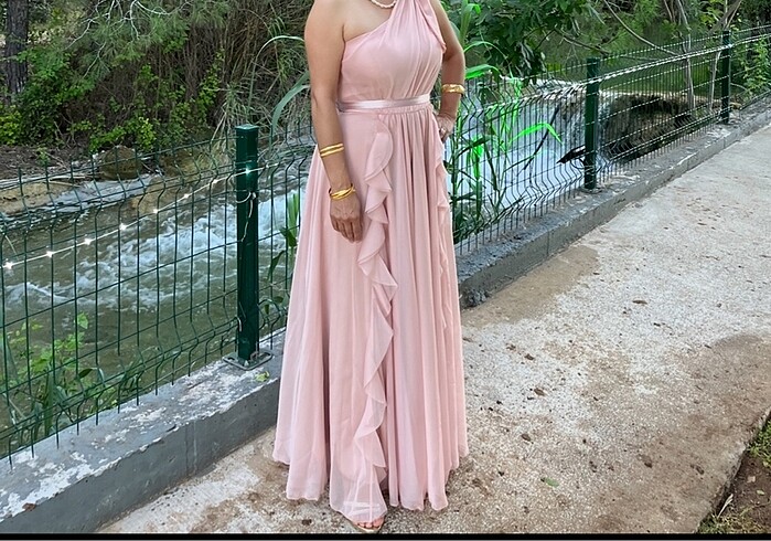 Diğer carmen pudra şifon tek omuzlu uzun elbise