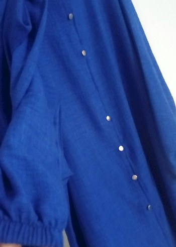 Düğmeli Koyu Mavi Keten Kadın Takim - Görsel 5