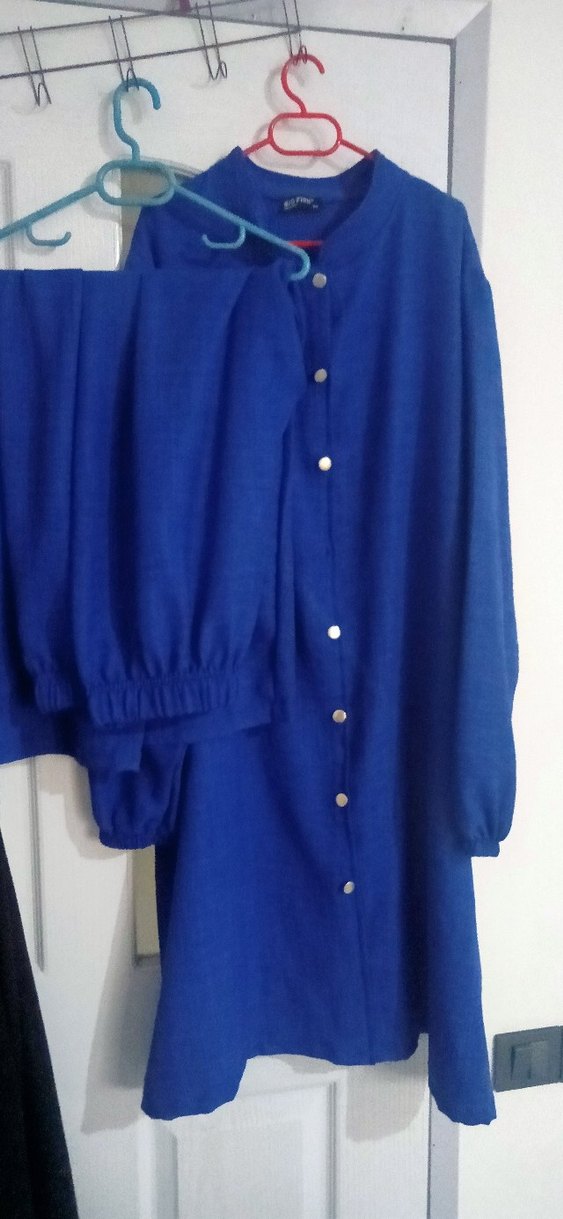 Düğmeli Koyu Mavi Keten Kadın Takim - Görsel 2