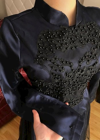 36 Beden Tesettür Boncuk İşlemeli Lacivert Uzun Elbise
