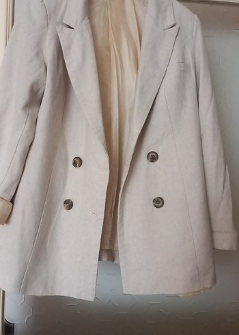 Düğmeli krem  Keten Kadın Blazer - Görsel 3