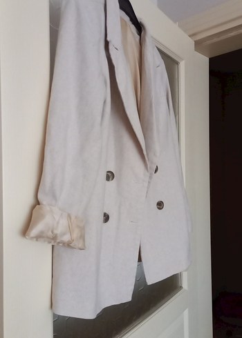 Düğmeli krem  Keten Kadın Blazer - Görsel 2