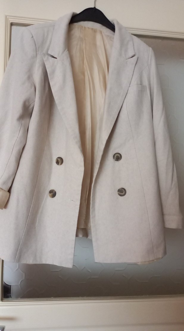 Düğmeli krem  Keten Kadın Blazer - Görsel 3