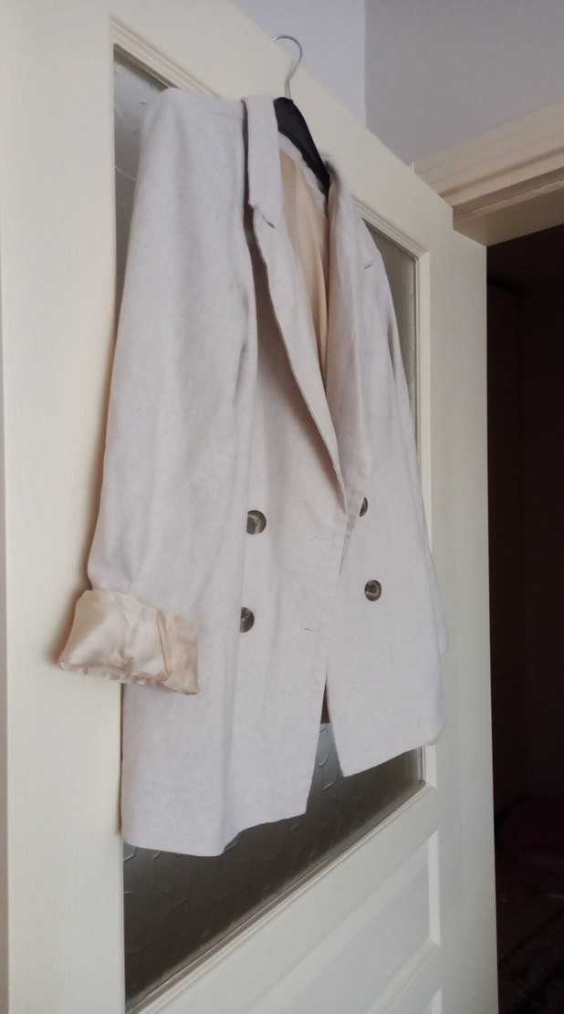 Düğmeli krem  Keten Kadın Blazer - Görsel 2