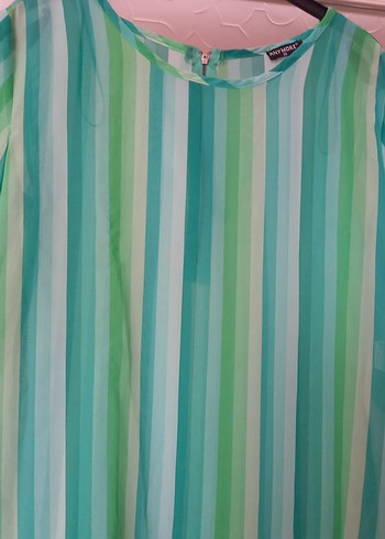 Turkuaz Çizgili Salaş Kadın Bluz - Görsel 2