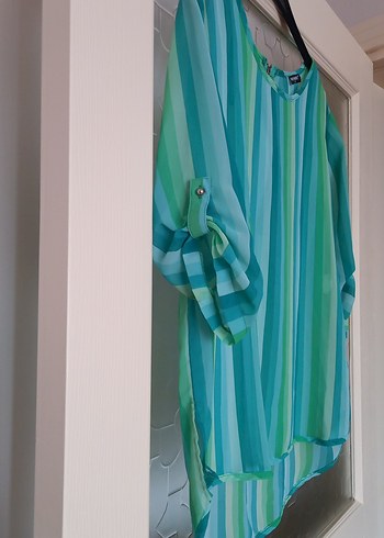 Turkuaz Çizgili Salaş Kadın Bluz - Görsel 3