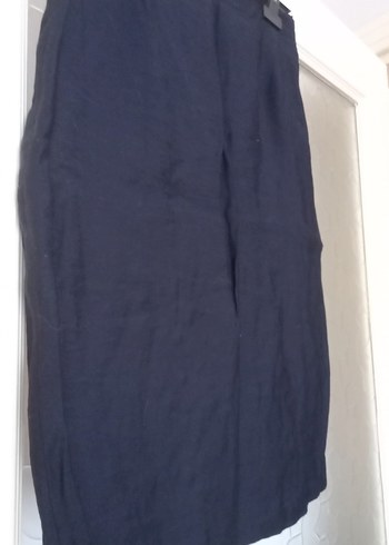 Lacivert Midi Keten Drapeli Kadın Etek - Görsel 3