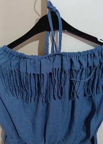 Kadın Mavi Kot Mini Tulum Püsküllü - Görsel 2