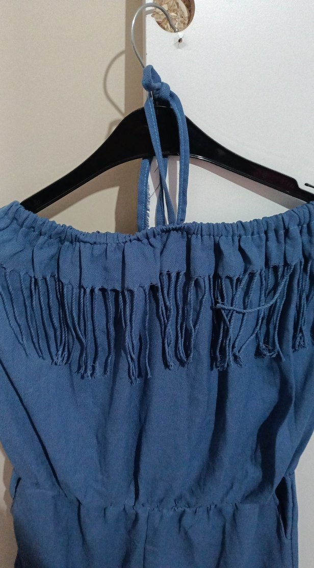 Kadın Mavi Kot Mini Tulum Püsküllü - Görsel 2