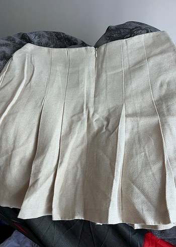 Bej Keten Pilili Midi Etek - Görsel 3