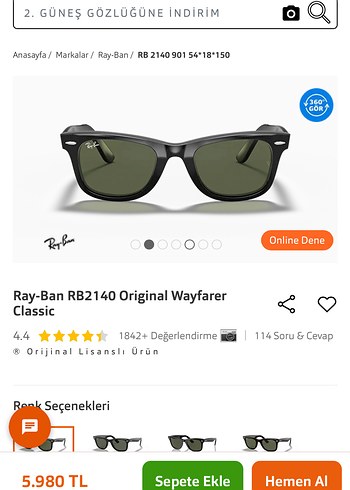 Ray-Ban RB2140 Original Wayfarer Siyah Güneş Gözlüğü
