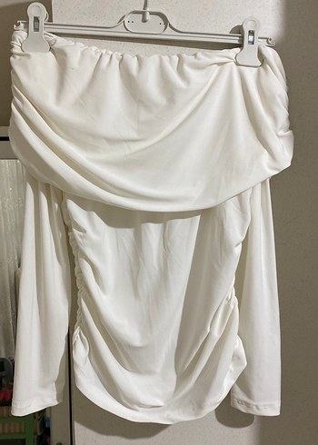 Beyaz Drapeli Straplez Keten Bluz - Görsel 2