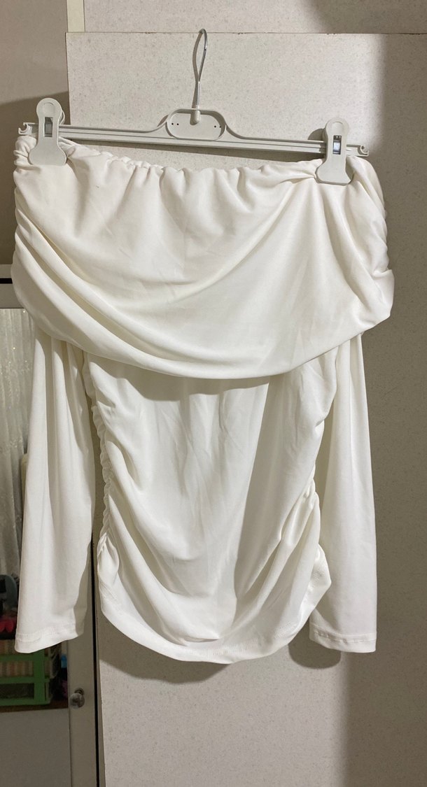 Beyaz Drapeli Straplez Keten Bluz - Görsel 2