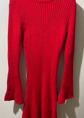 Kırmızı Fitilli Örgü Midi Elbise - Görsel 2